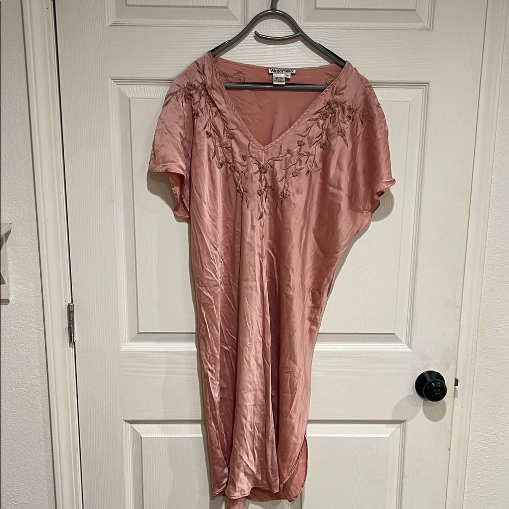 Silk Elegant Pink Embroidered Night Gown